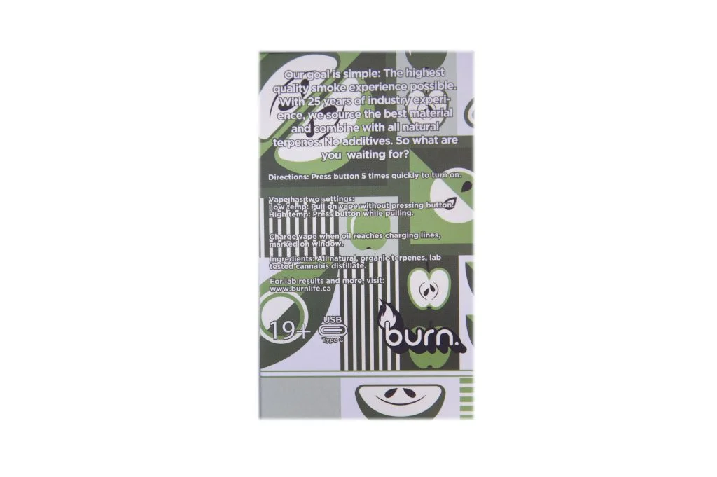 Burn Disposable Vapes – Jolly Rancher Green Apple (Sativa Dominant Hybrid) (3 Gram) - Image 2