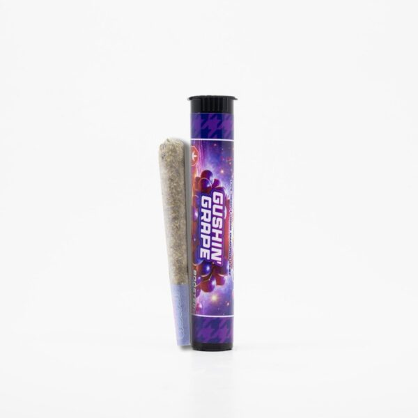 Premium Pre-rolls – Gushin Grape (Indica) Infused with live resin, liquid diamond and kief